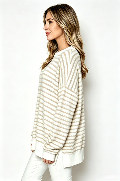 Oversized Stripe Knit Sweater Crew Neck Side Slit Pullover