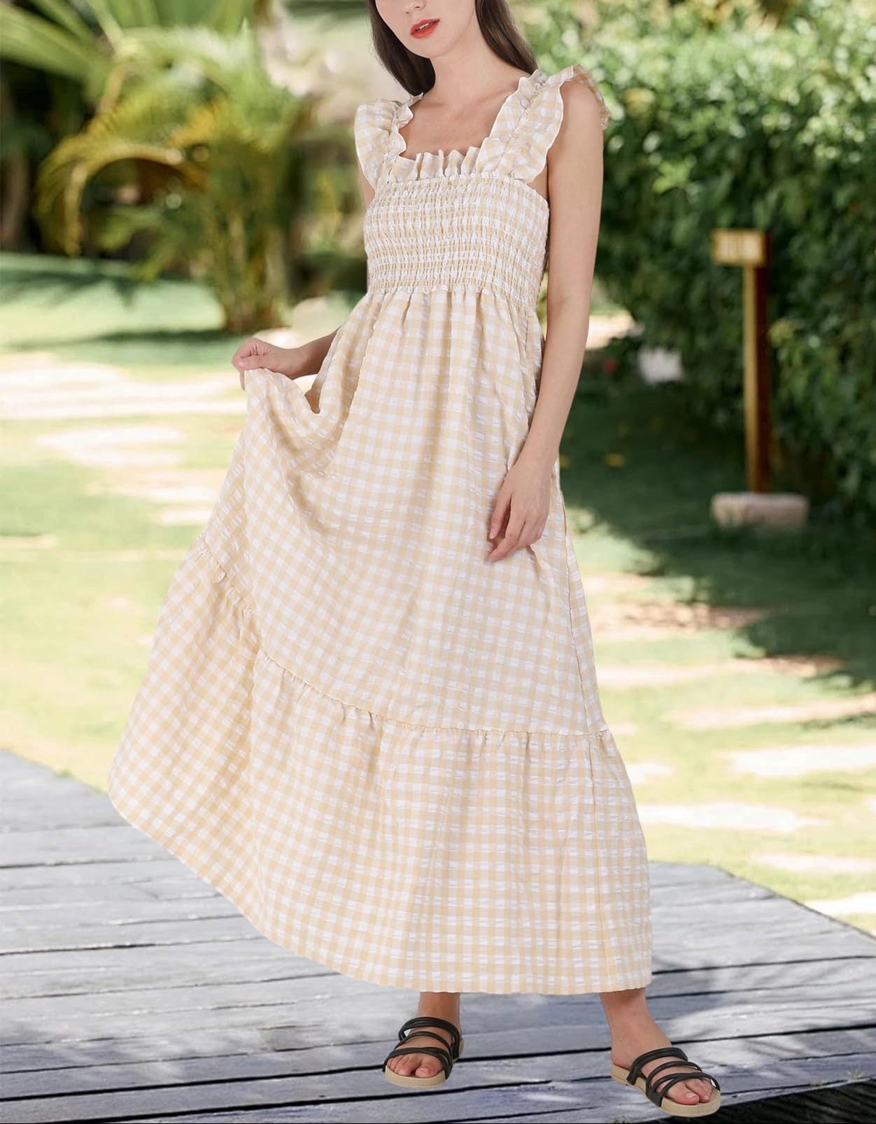 Gingham Smocked Maxi Dress Square Neck Ruffle Sleeve