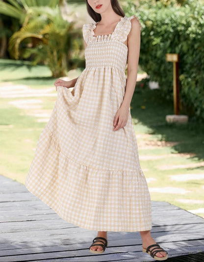 Gingham Smocked Maxi Dress Square Neck Ruffle Sleeve