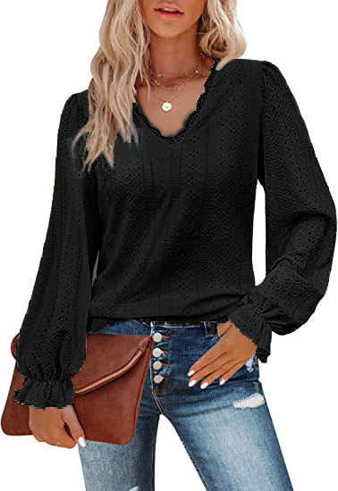 Women's V Neck Lace Long Sleeve Blouse Tunic Top