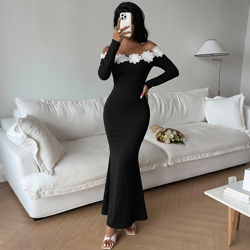 Off Shoulder Flower Applique Bodycon Maxi Dress