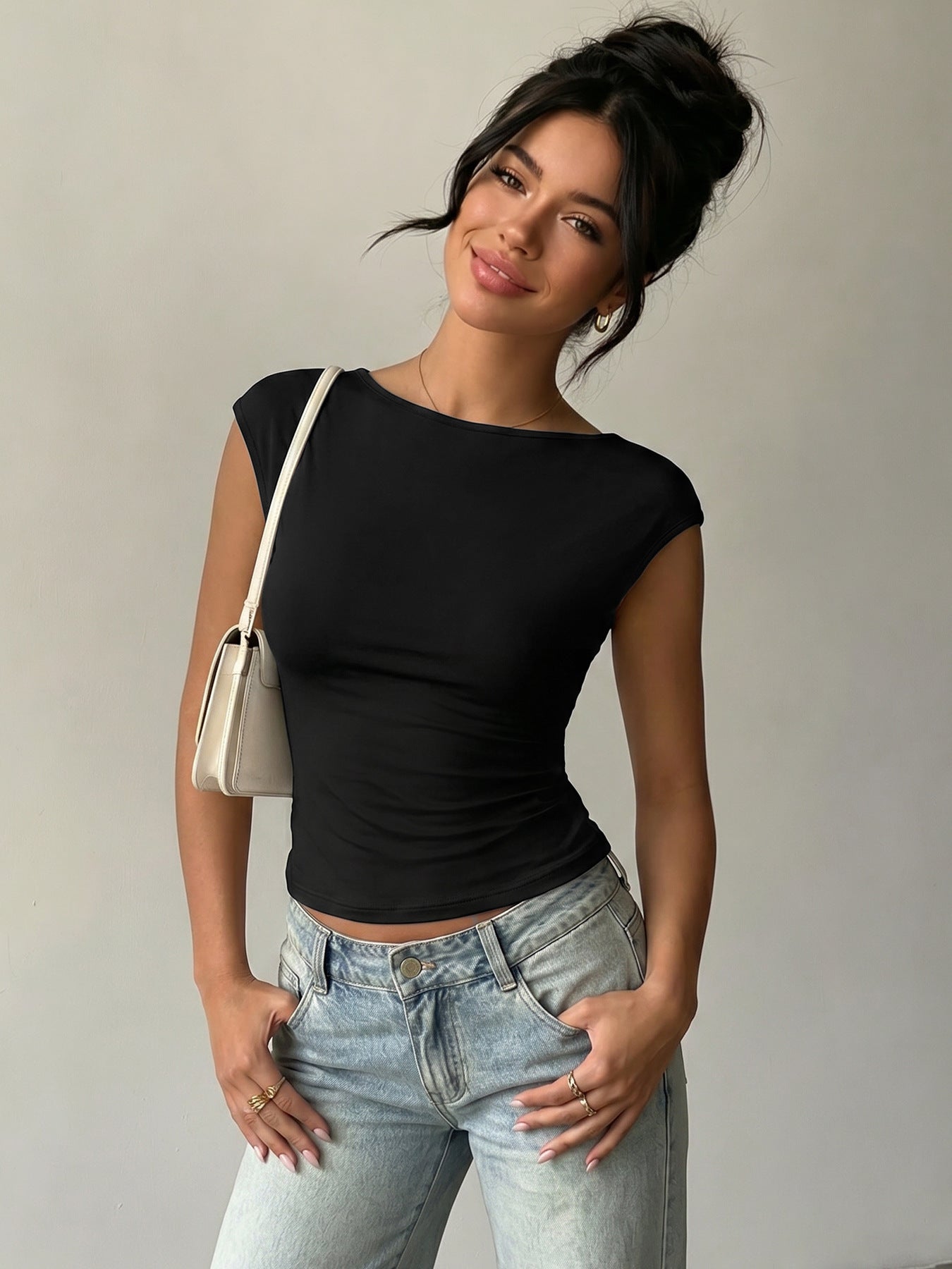 Backless Lace Trim Boat Neck Fitted Summer Crop Top