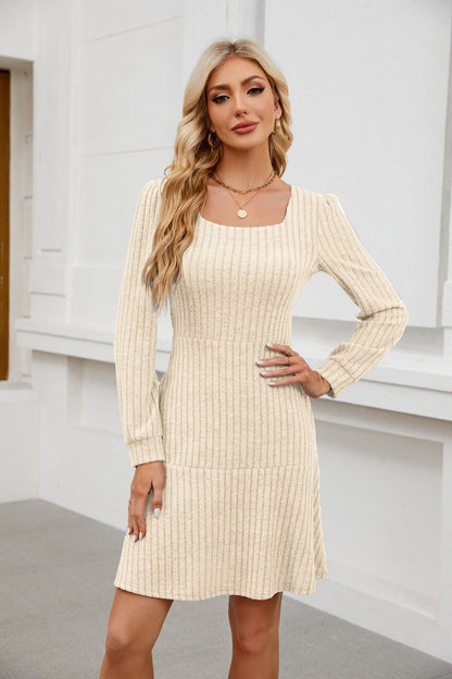 Square Neck Puff Sleeve A-Line Mini Dress with Pockets