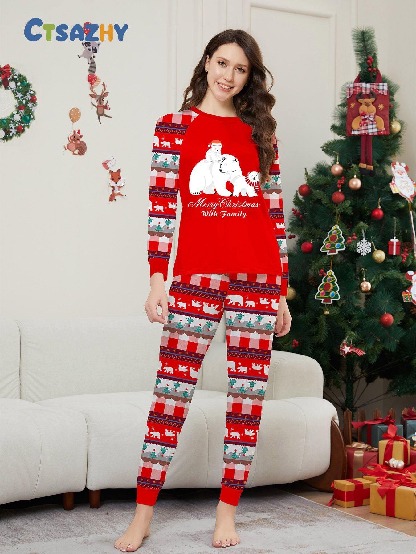 Bear Snowflake Alphabet Striped Parent-Child Printed Christmas Pajamas