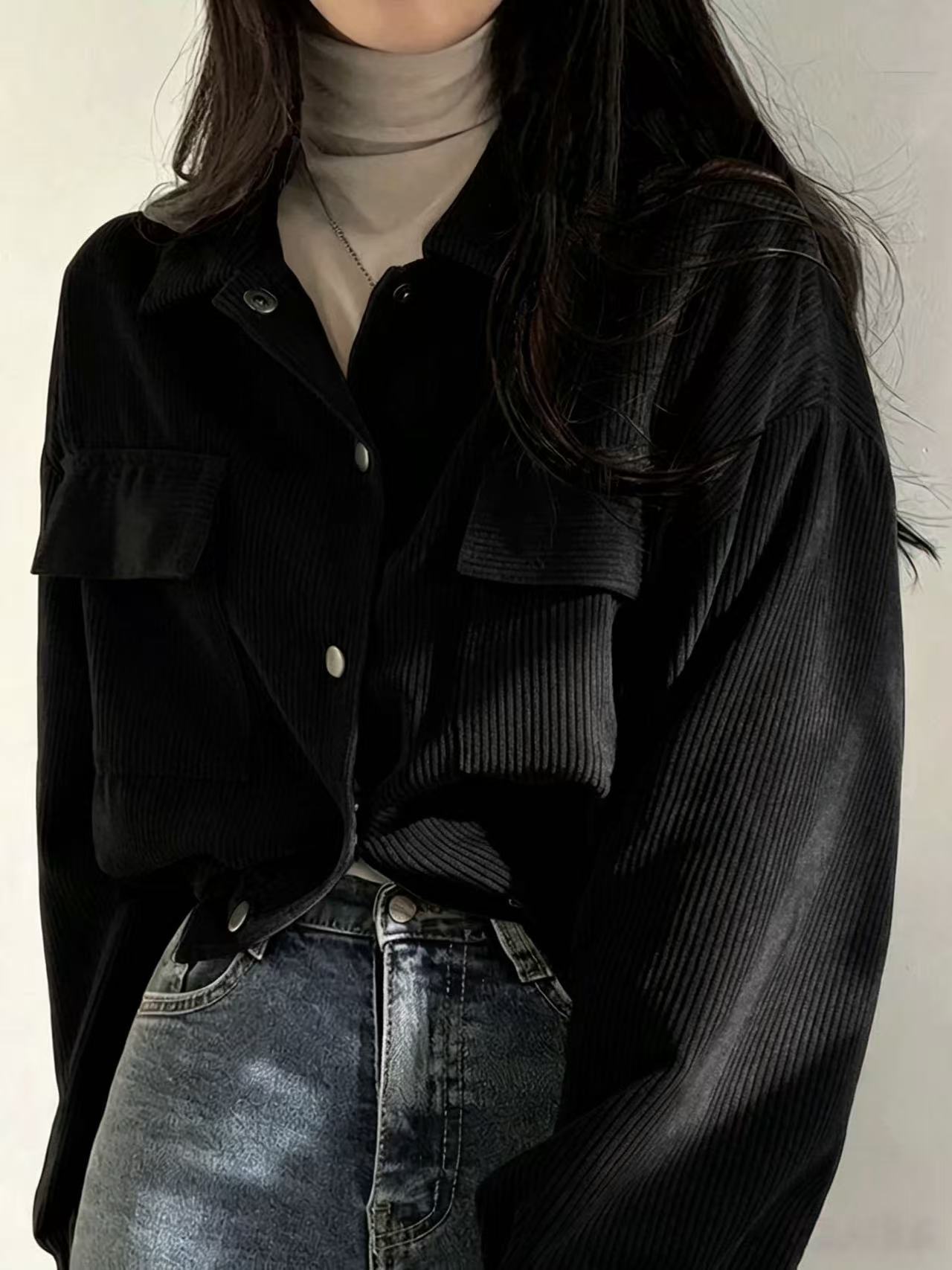 Corduroy Cropped Shacket Snap Front Relaxed Fit