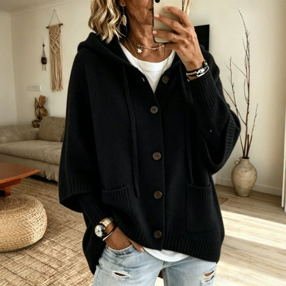Women's Hooded Knit Cardigan Button Front Batwing Sleeve