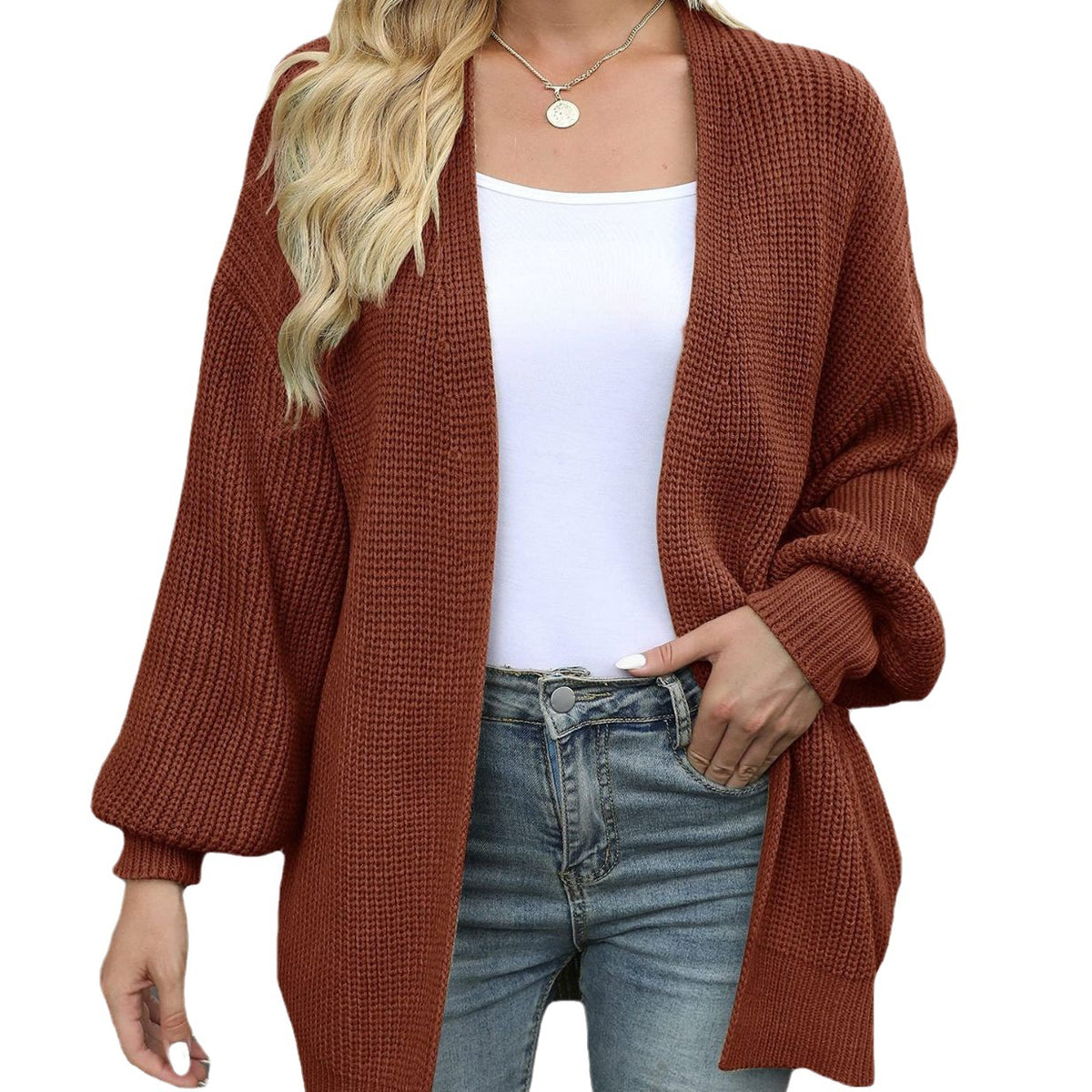 Women's Chunky Knit Balloon Sleeve Open Front Cardigan