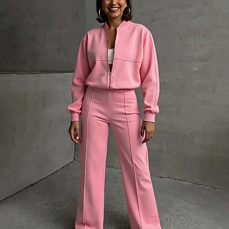 Solid Two Piece Lounge Set Zip Sweatshirt Wide Leg Pants
