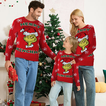 Family Matching Grinch Christmas Sweaters Red Knit Pullover