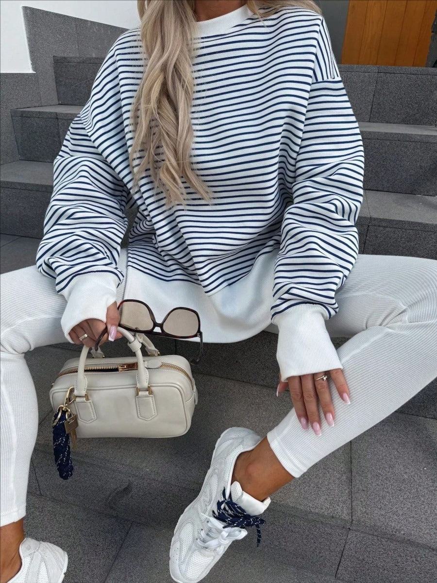 Oversized Striped Crewneck Sweatshirt Thumb Hole Side Slit
