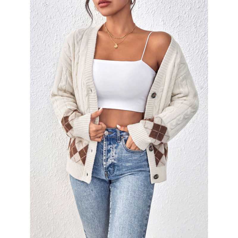 Women's Oversized Cable Knit Argyle Cardigan V-Neck Button