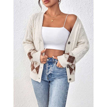 Women's Oversized Cable Knit Argyle Cardigan V-Neck Button