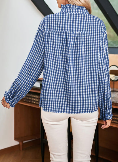 Women's Gingham Ruffle V Neck Long Sleeve Blouse