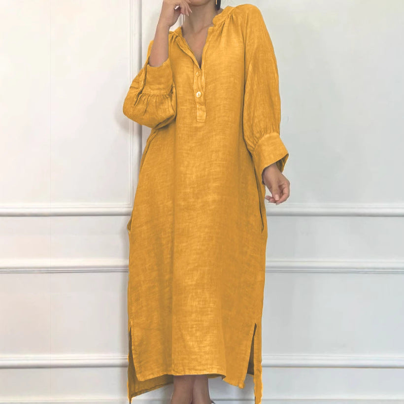 Linen Blend Long Sleeve Button Down Maxi Dress Pockets