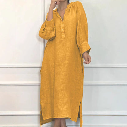 Linen Blend Long Sleeve Button Down Maxi Dress Pockets