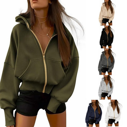 Women's Cropped Zip Up Fleece Hoodie Sweatshirt