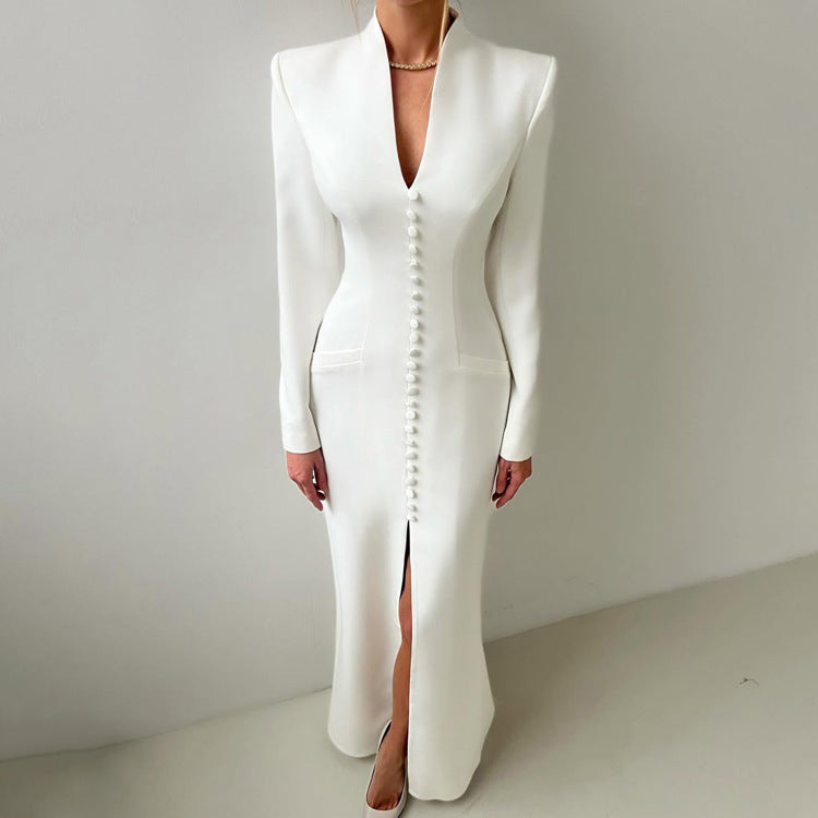 V-Neck Long Sleeve Button Front Slit Bodycon Maxi Dress