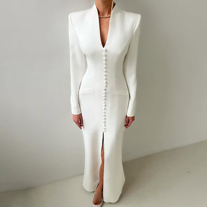 V-Neck Long Sleeve Button Front Slit Bodycon Maxi Dress