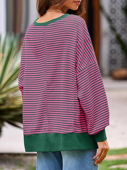 Oversized Waffle Knit Striped Crewneck Side Slit Pullover