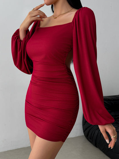 Burgundy Square Neck Long Sleeve Ruched Bodycon Mini Dress