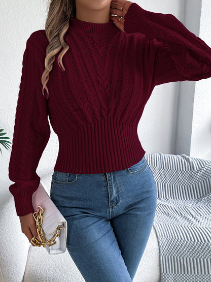 Cable Knit Sweater Women Fitted Mock Neck Long Sleeve