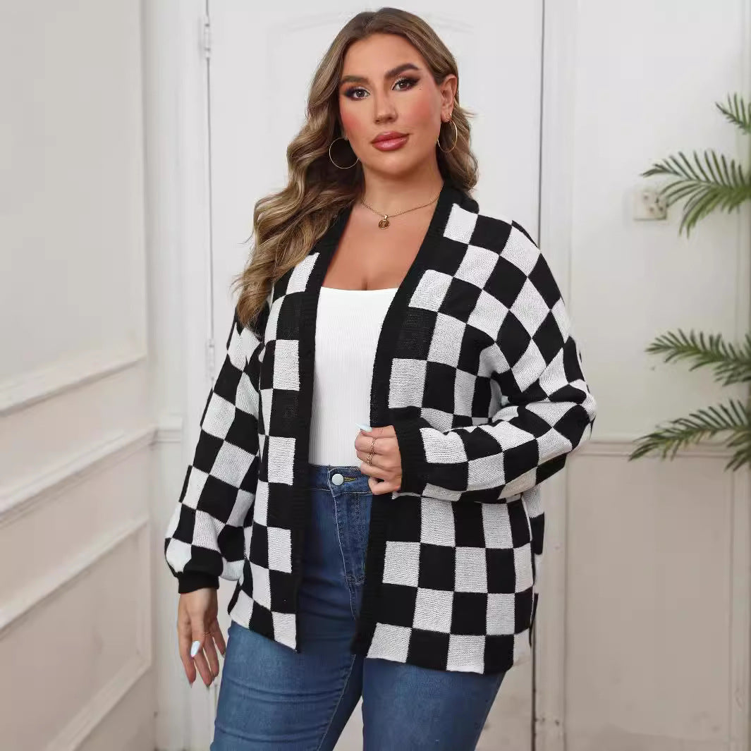 Women's Clothing Contrasting Color Splicing Checkerboard Loose Casual Cardigan Jacket