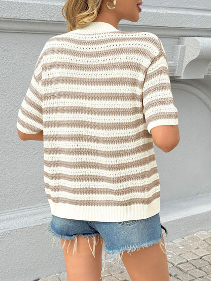 Striped Crochet Cardigan V Neck Button Knit Top