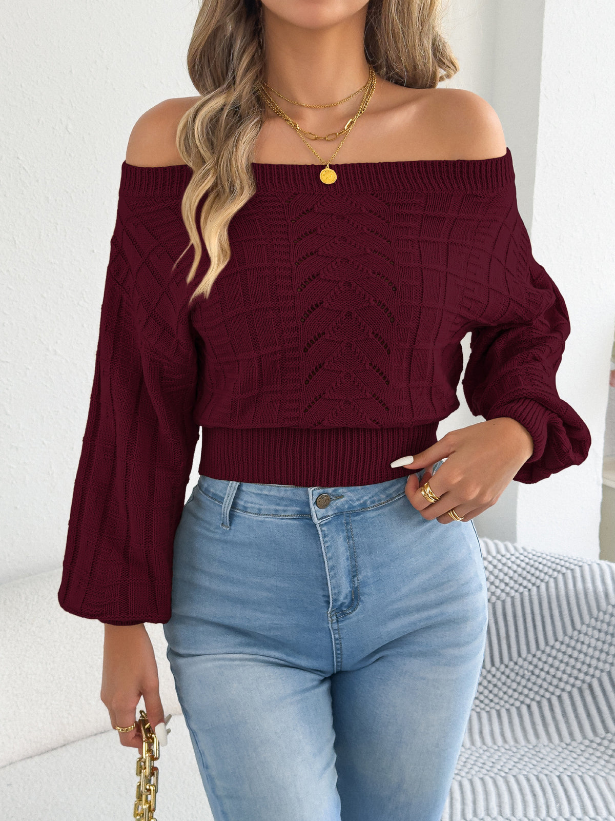 Off Shoulder Cutout Cropped Sweater Lantern Sleeve Top