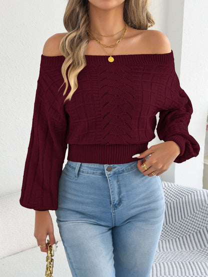 Off Shoulder Cutout Cropped Sweater Lantern Sleeve Top