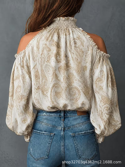 Cold Shoulder Paisley Blouse Balloon Sleeve Smocked Neck