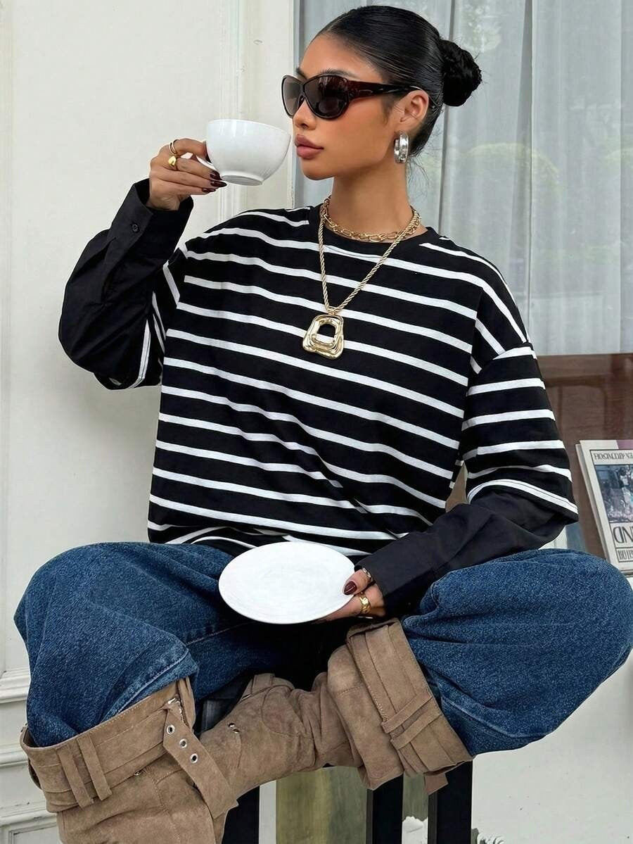 Striped layered look top relaxed long sleeve