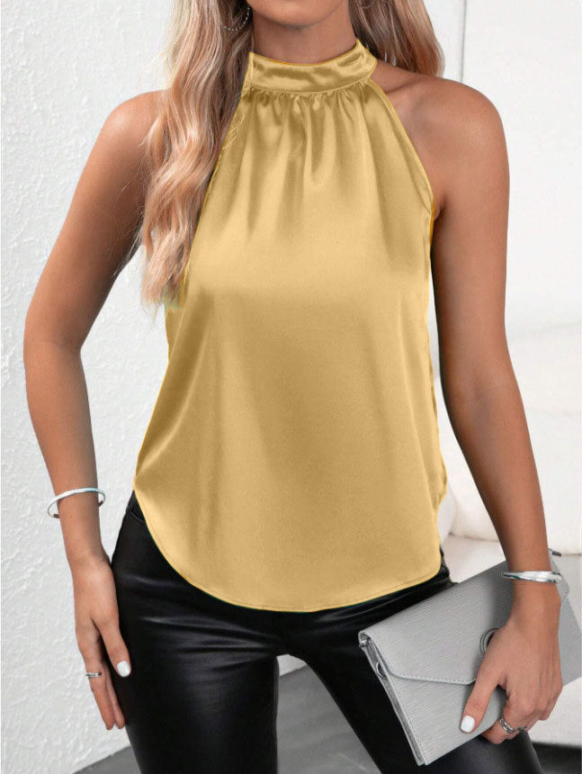 Women's Satin Halter Top Sleeveless Ruched Blouse