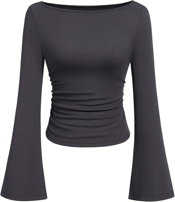 Women's Ruched Boat Neck Bell Sleeve Ribbed Top
