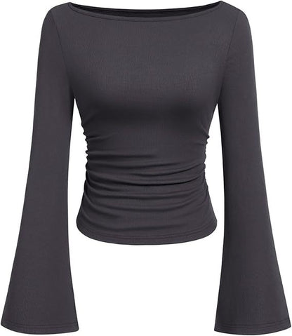 Women's Ruched Boat Neck Bell Sleeve Ribbed Top