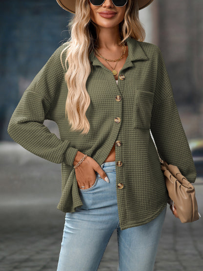 2025 Fall/Winter Casual Waffle Knit Shirt – Loose Fit Commuter Top