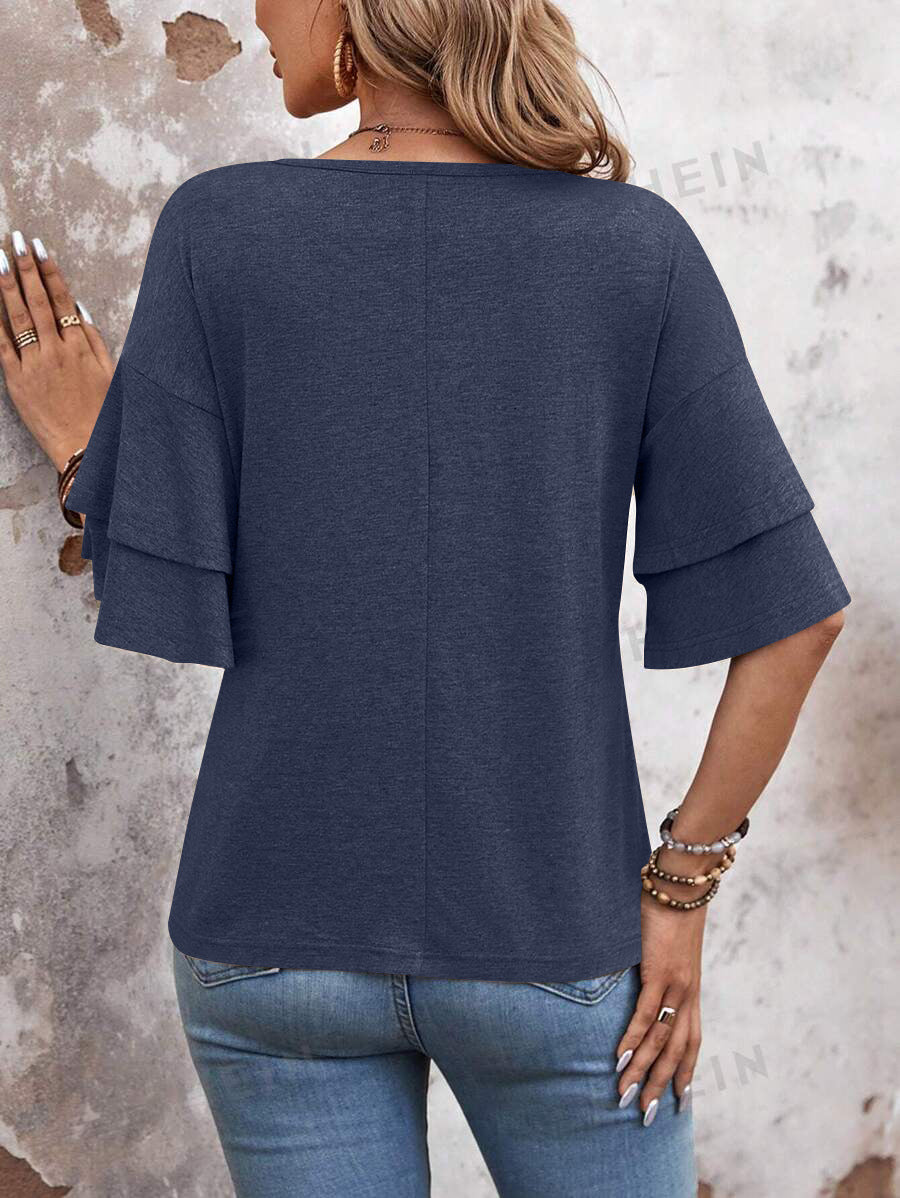 Customizable  Women's V-Neck Flutter Sleeve Top – Casual Summer T-Shirt