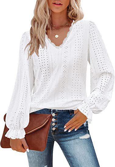 Women's Eyelet V-Neck Puff Sleeve Lace Blouse