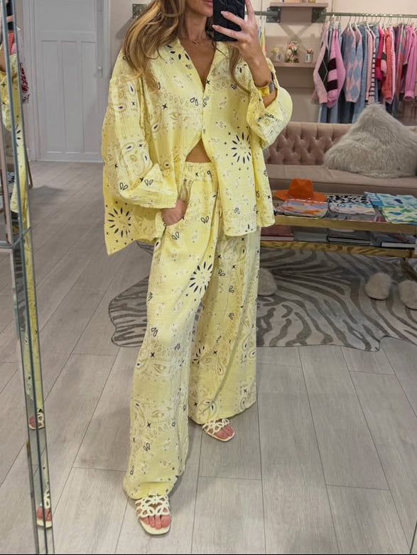 Paisley Eyelet Shirt & Pants Two Piece Lounge Set