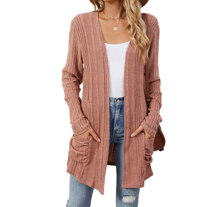 Women's Long Sleeve Ribbed Open Front Cardigan Pockets