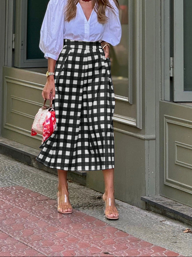 Gingham High Waisted A-Line Pleated Midi Skirt