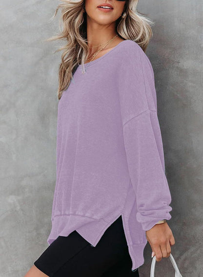 Waffle Split Hem Sweatshirt Women Casual Long Sleeve Top