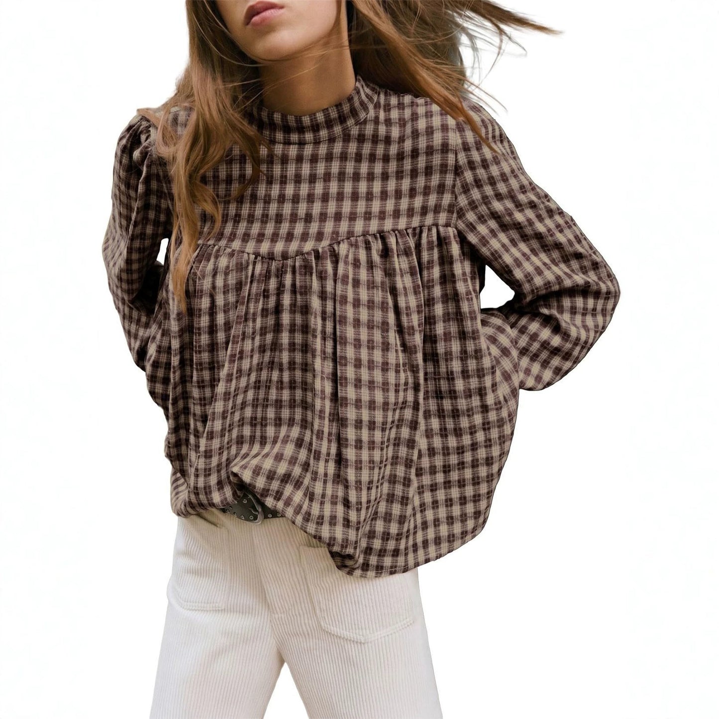 Women's Plaid Mock Neck Babydoll Long Sleeve Top