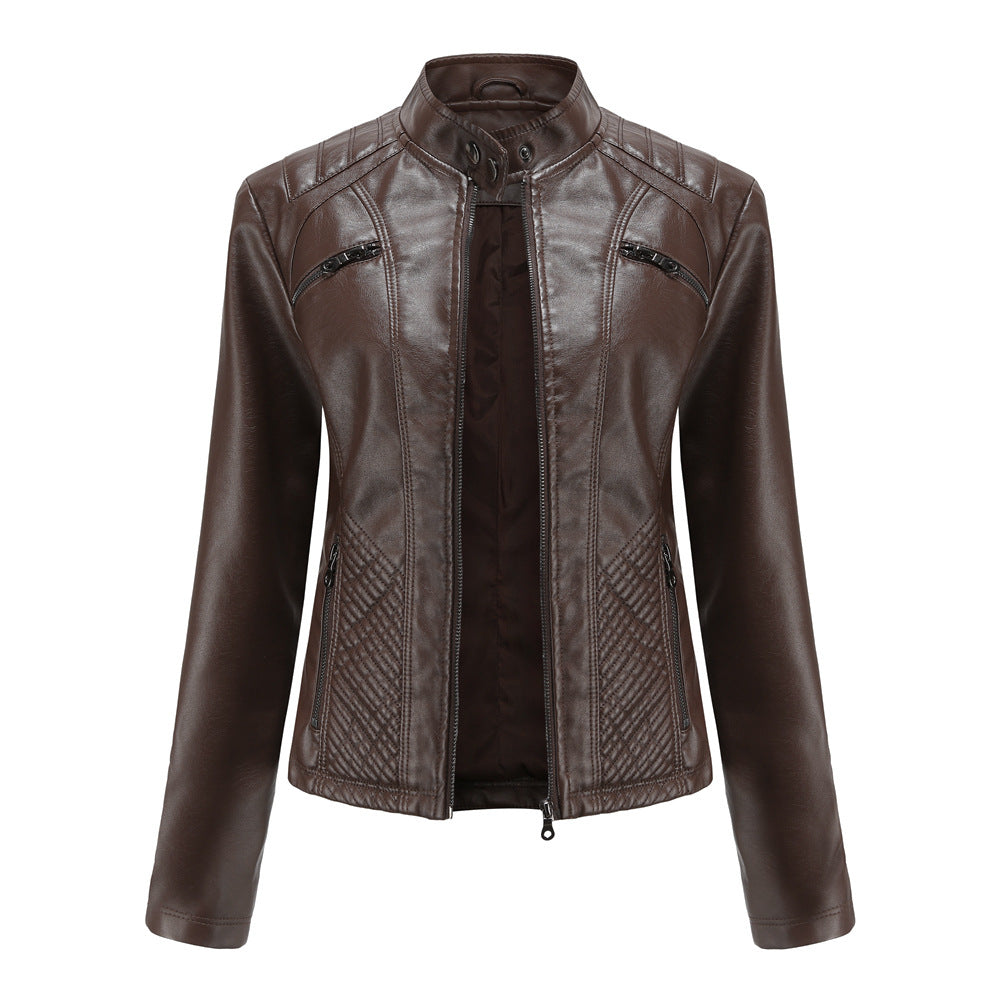 Women's Quilted Faux Leather Moto Jacket Zip Slim Fit