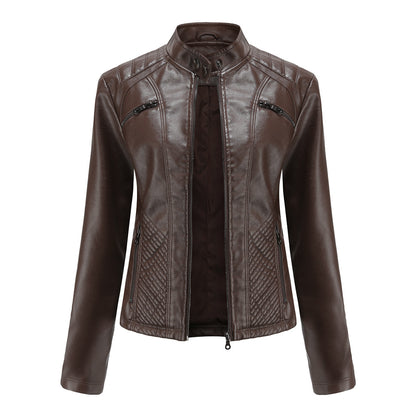 Women's Quilted Faux Leather Moto Jacket Zip Slim Fit