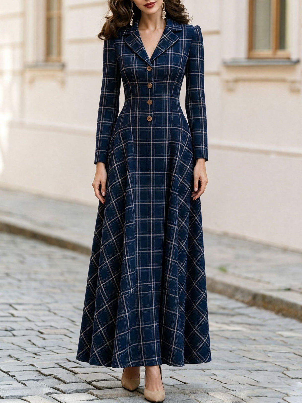 Elegant Plaid Blazer Dress Maxi Long Sleeve Button Front