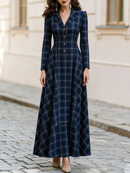 Elegant Plaid Blazer Dress Maxi Long Sleeve Button Front