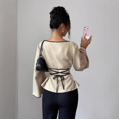 Women's Elegant Boat Neck Bell Sleeve Cinched Waist Blouse