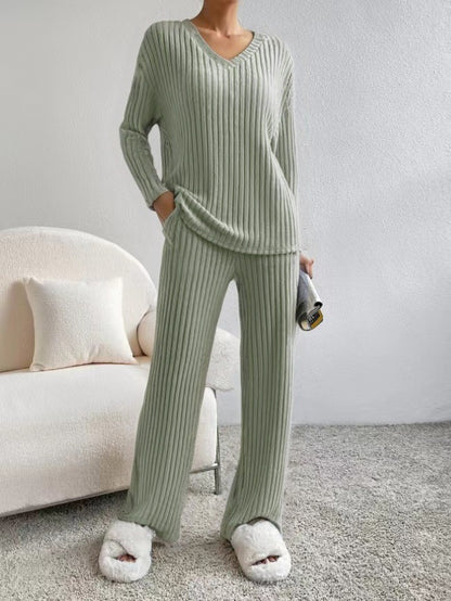 Women's 2 Piece Ribbed Knit V Neck Wide Leg Pants Set