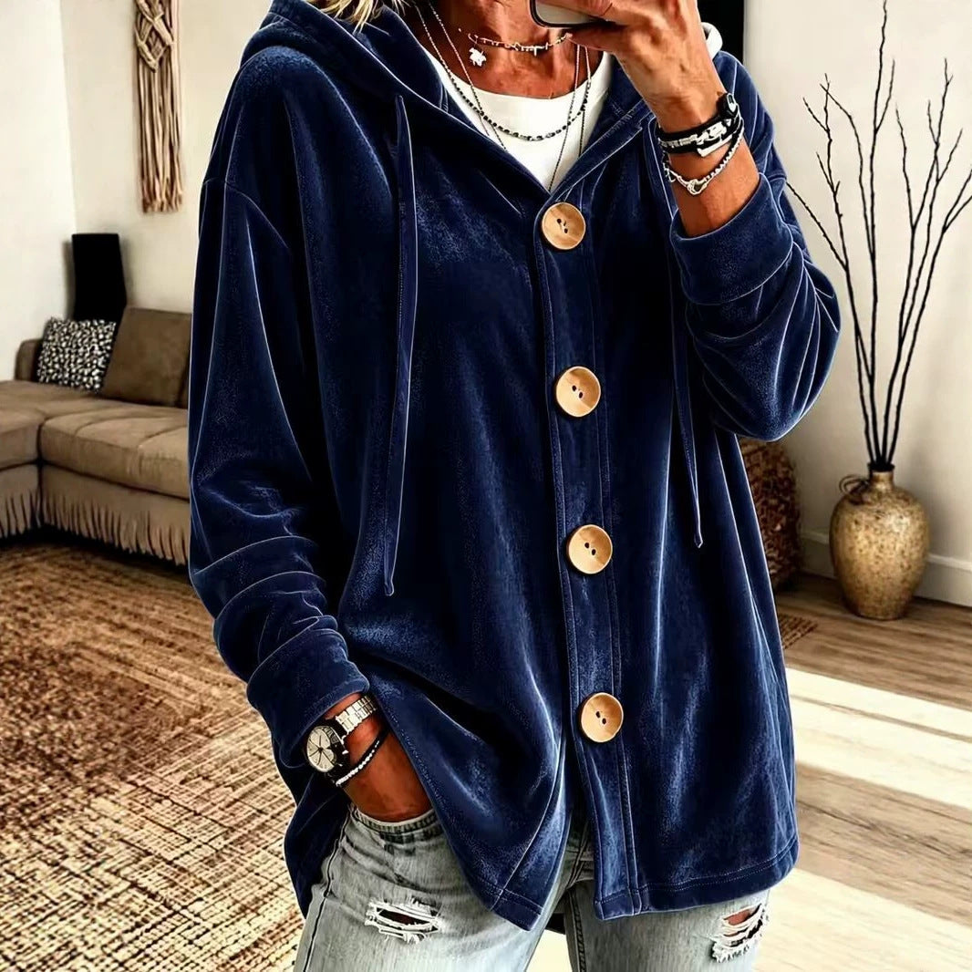 Women's Oversized Velvet Hoodie Cardigan Button Front