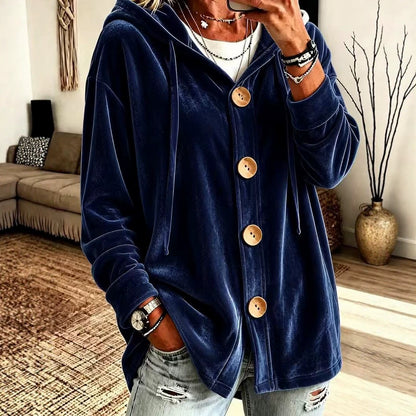 Women's Oversized Velvet Hoodie Cardigan Button Front
